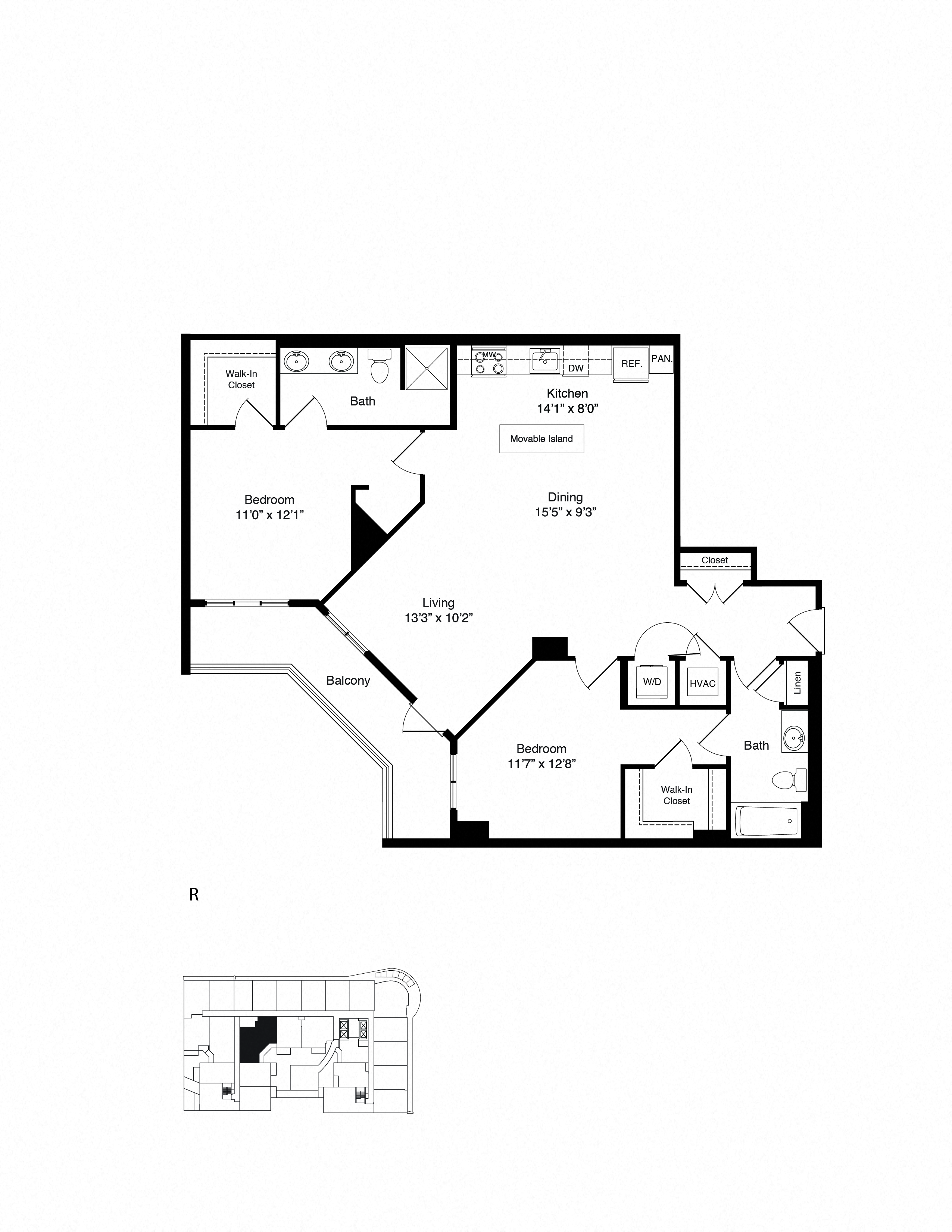 Floor plan for 2 beds, 2 baths, 1215 sqft